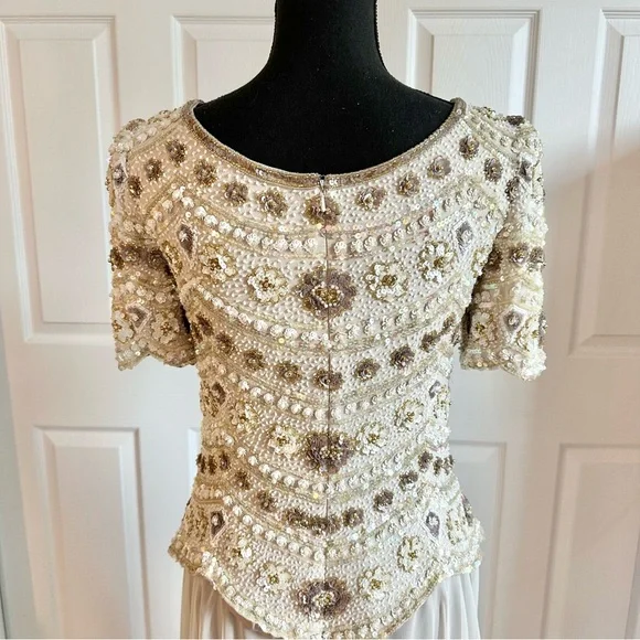 George F. Couture Champagne Hand-beaded and Silk Formal Evening Gown - Picture 9 of 10